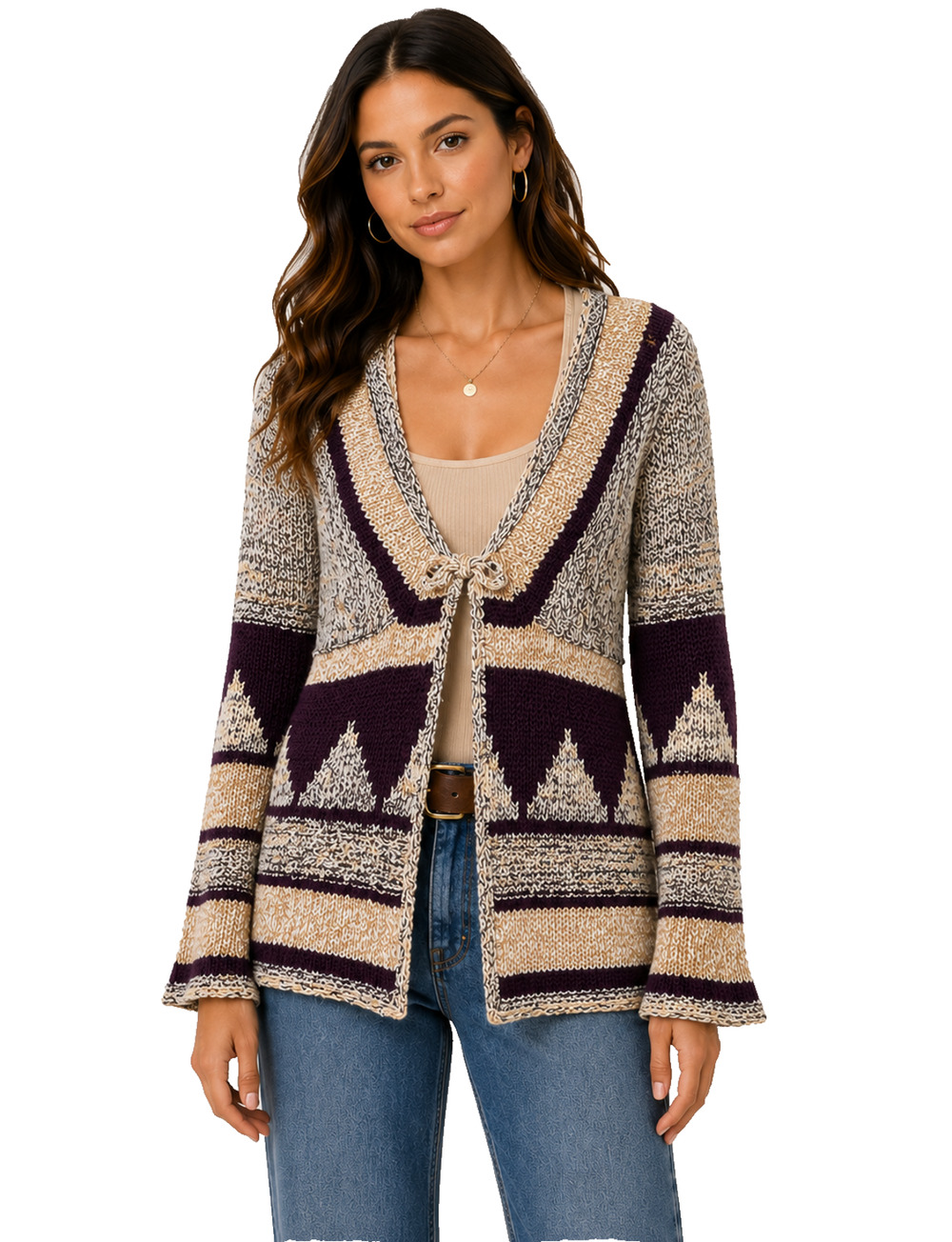 FREE PEOPLE AZTEC GEOMETRIC KNIT CARDIGAN BELL SLEEVE WOOL BLEND WOMENS S